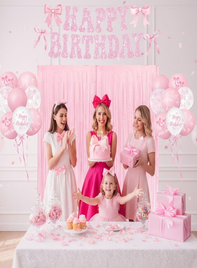 LINHAXM Pink Bow Birthday Decorations - 2 Pack Pink Bow Foil Fringe Curtains, Banner, and Balloons for Girls Bow Birthday, Baby Shower, Bachelorette, Bridal Shower Party Decor, 3.2ft x 8.2ft - Image 3